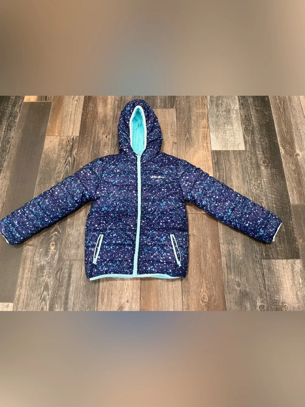 EDDIE BAUER Reversible Puffy Hoodie Jacket Small 7/8 Coat Plush Fleece Cozy